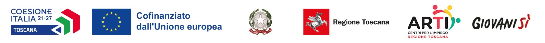 Coesione Italia 21-27 Toscana, Cofinanziato dall'Unione europea, Repubblica Italiana, Regione Toscana, ARTI, Giovanisì